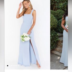 Show me your mumu Paris gown in steel blue stretch